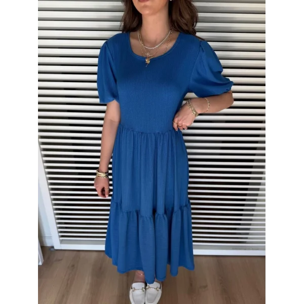 Kadın Kısa Kollu Yakası Açık Katlı Bürümcük Balon Elbise