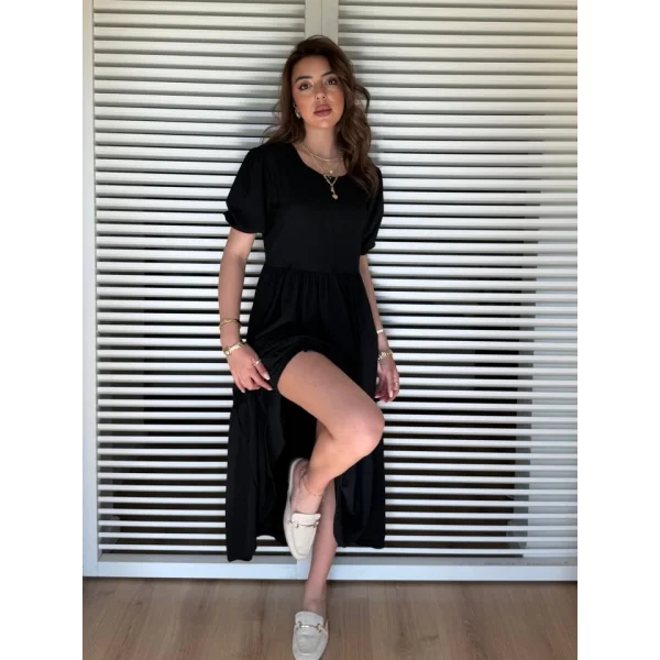 Kadın Kısa Kollu Yakası Açık Katlı Bürümcük Balon Elbise