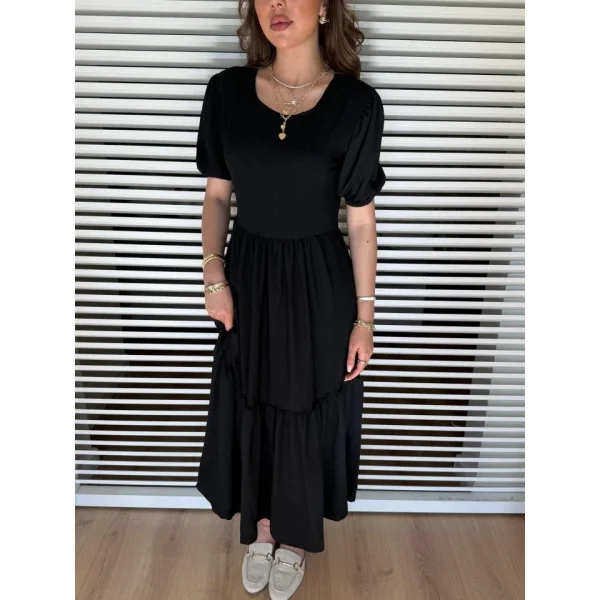 Kadın Kısa Kollu Yakası Açık Katlı Bürümcük Balon Elbise