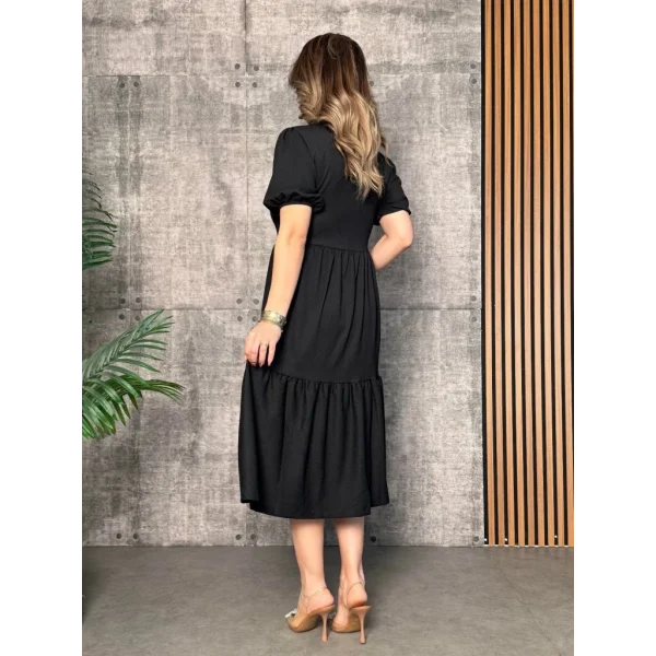 Kadın Kısa Kollu Yakası Açık Katlı Bürümcük Balon Elbise