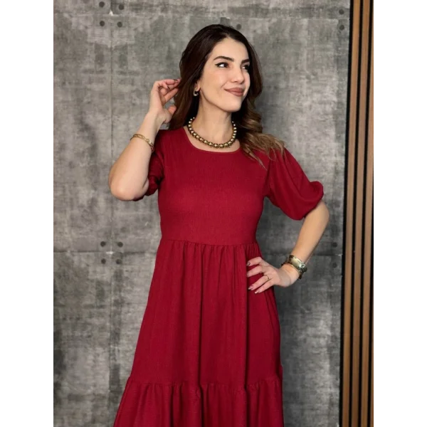 Kadın Kısa Kollu Yakası Açık Katlı Bürümcük Balon Elbise