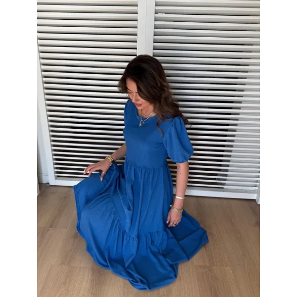 Kadın Kısa Kollu Yakası Açık Katlı Bürümcük Balon Elbise