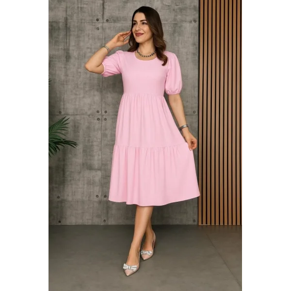 Kadın Kısa Kollu Yakası Açık Katlı Bürümcük Balon Elbise