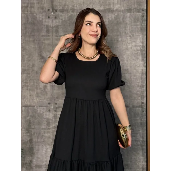 Kadın Kısa Kollu Yakası Açık Katlı Bürümcük Balon Elbise