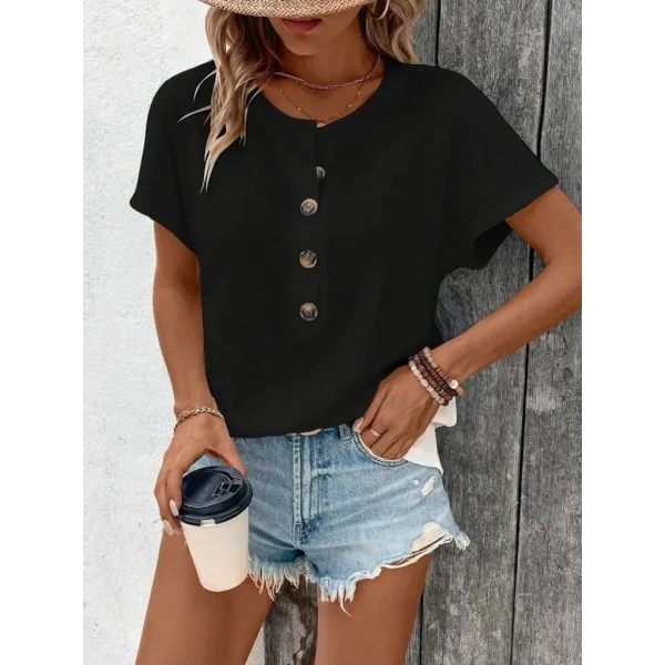 Kadın Kısa Kollu Yakası Açık önden Düğmeli Waffle Bluz
