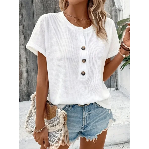 Kadın Kısa Kollu Yakası Açık önden Düğmeli Waffle Bluz