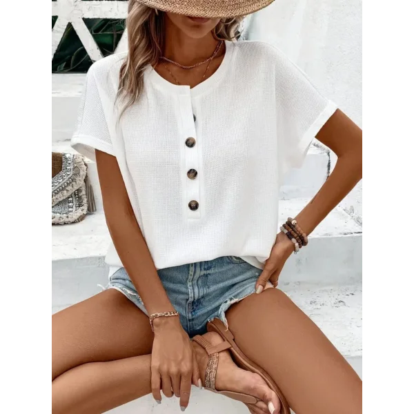 Kadın Kısa Kollu Yakası Açık önden Düğmeli Waffle Bluz