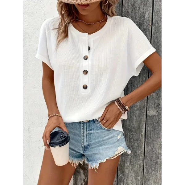 Kadın Kısa Kollu Yakası Açık önden Düğmeli Waffle Bluz
