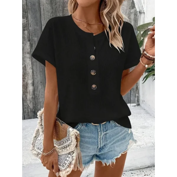 Kadın Kısa Kollu Yakası Açık önden Düğmeli Waffle Bluz