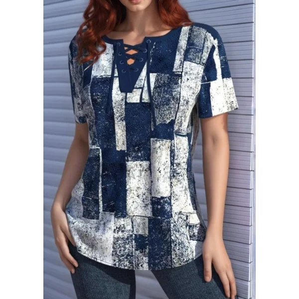 Kadın Kısa Kollu Yakası Bağcıklı Kuş Gözü Detay Süprem Bluz