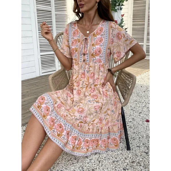 Kadın Kısa Kollu Yakası Bağcıklı önden Düğmeli Fırfır Desenli Süprem Elbise