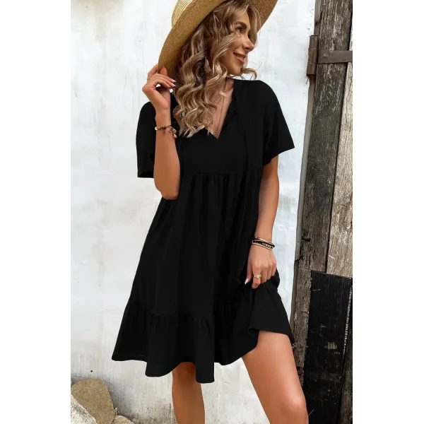 Kadın Kısa Kollu Yakası Bağcıklı önden Düğmeli Fırfır Desenli Süprem Elbise