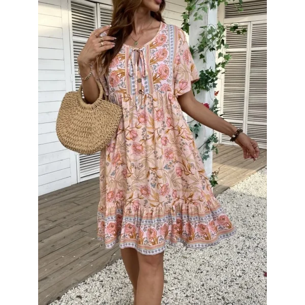 Kadın Kısa Kollu Yakası Bağcıklı önden Düğmeli Fırfır Desenli Süprem Elbise