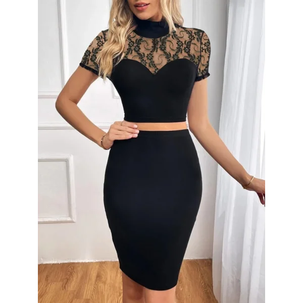 Kadın Kısa Kollu Yarı Balıkçı Yaka Dantelli Straplez Ithal Krep Crop Bluz Ve Etek Ikili Takım