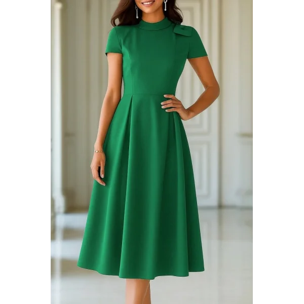 Kadın Kısa Kollu Yarı Balıkçı Yaka Pileli Janjan Krep Midi Elbise