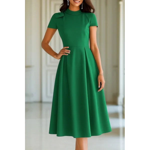 Kadın Kısa Kollu Yarı Balıkçı Yaka Pileli Janjan Krep Midi Elbise