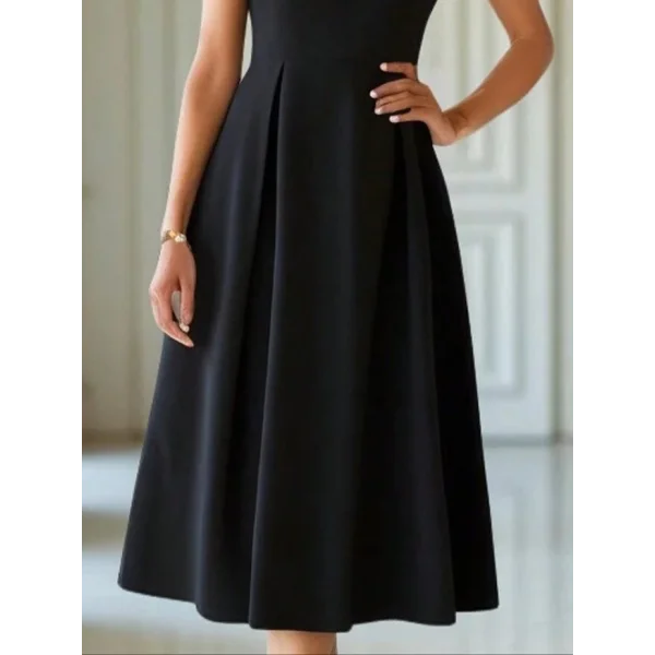 Kadın Kısa Kollu Yarı Balıkçı Yaka Pileli Janjan Krep Midi Elbise