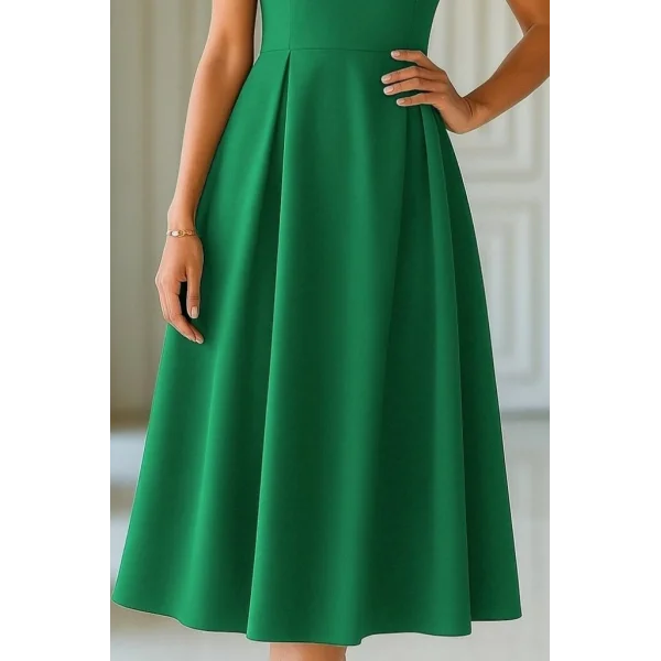 Kadın Kısa Kollu Yarı Balıkçı Yaka Pileli Janjan Krep Midi Elbise