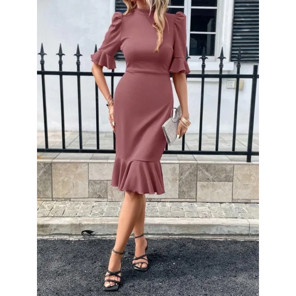 Kadın Kısa Kollu Yarı Balıkçı Yakalı Etek Ucu Fırfırlı Midi Ithal Krep Elbise