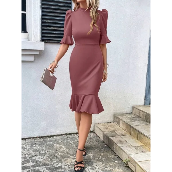 Kadın Kısa Kollu Yarı Balıkçı Yakalı Etek Ucu Fırfırlı Midi Ithal Krep Elbise