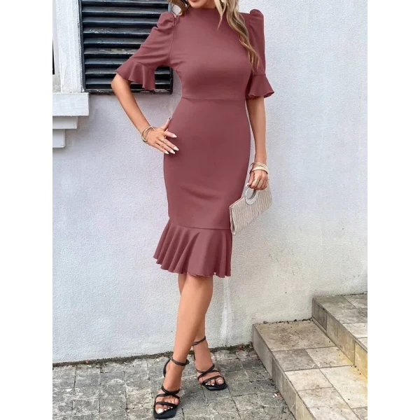 Kadın Kısa Kollu Yarı Balıkçı Yakalı Etek Ucu Fırfırlı Midi Ithal Krep Elbise