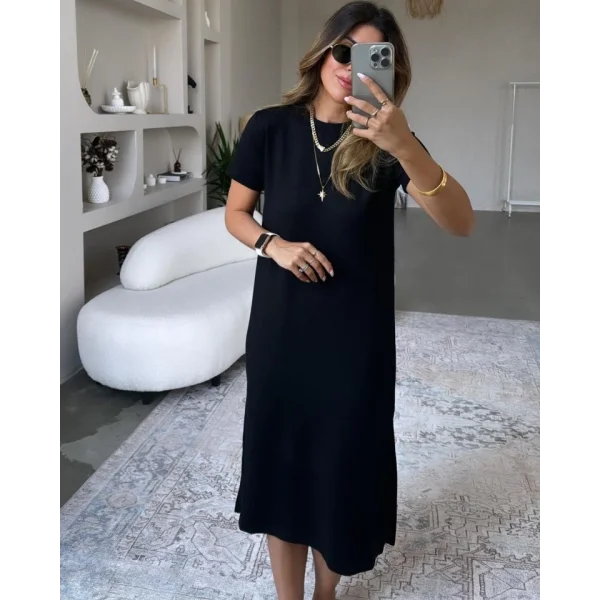 Kadın Kısa Kollu Yırtmaç Detaylı Salaş Viskon Elbise