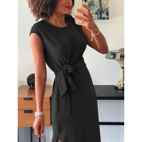 Kadın Kısa Kollu Yuvarlak Yaka Belden Bağcıklı önden Yırtmaçlı Aerobin Elbise