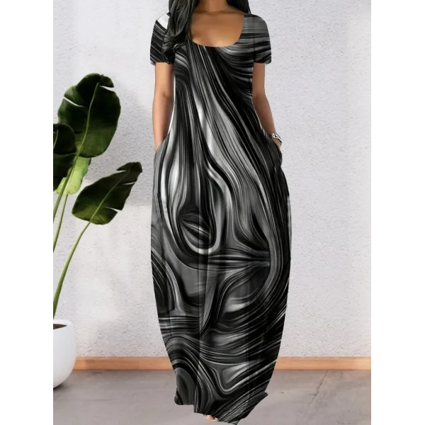 Kadın Kısa Kollu Yuvarlak Yaka Cepli Salaş Baskılı Süprem Elbise