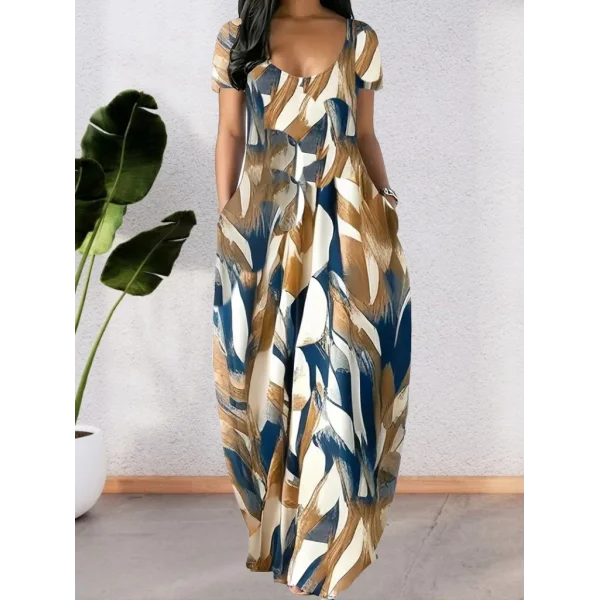 Kadın Kısa Kollu Yuvarlak Yaka Cepli Salaş Baskılı Süprem Elbise