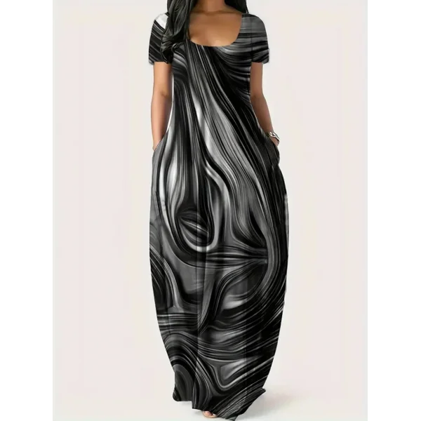 Kadın Kısa Kollu Yuvarlak Yaka Cepli Salaş Baskılı Süprem Elbise