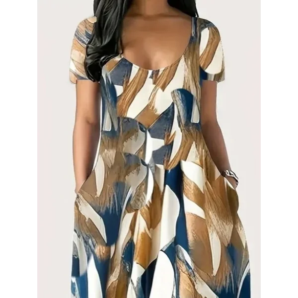 Kadın Kısa Kollu Yuvarlak Yaka Cepli Salaş Baskılı Süprem Elbise