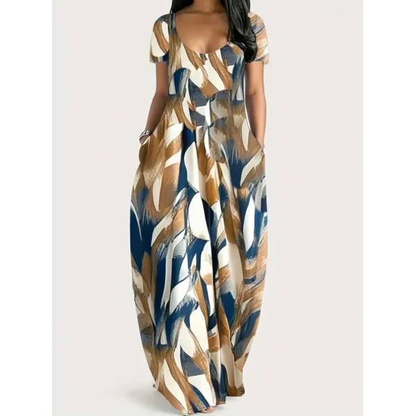 Kadın Kısa Kollu Yuvarlak Yaka Cepli Salaş Baskılı Süprem Elbise