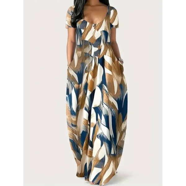 Kadın Kısa Kollu Yuvarlak Yaka Cepli Salaş Baskılı Süprem Elbise