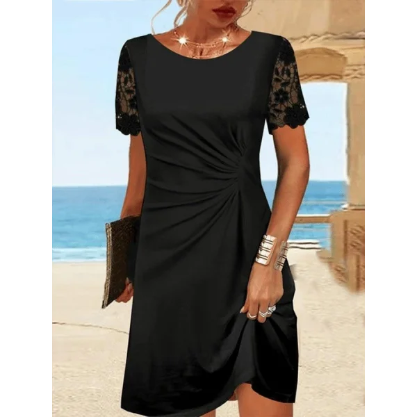 Kadın Kısa Kollu Yuvarlak Yaka Dantel Kol Detay Viskon Elbise