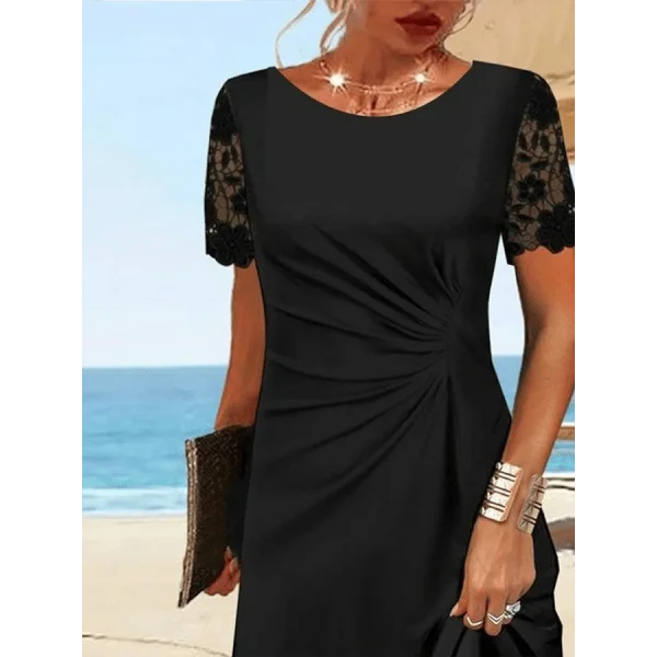 Kadın Kısa Kollu Yuvarlak Yaka Dantel Kol Detay Viskon Elbise