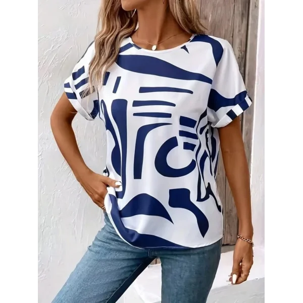 Kadın Kısa Kollu Yuvarlak Yaka Desenli Süprem Bluz