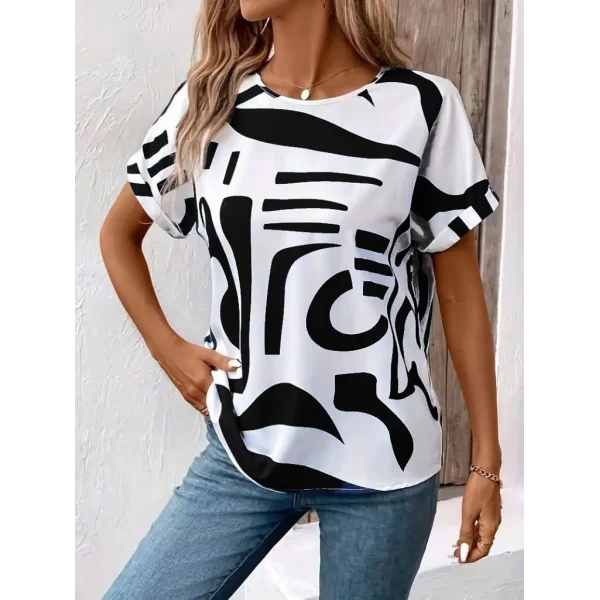 Kadın Kısa Kollu Yuvarlak Yaka Desenli Süprem Bluz