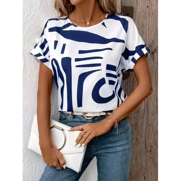 Kadın Kısa Kollu Yuvarlak Yaka Desenli Süprem Bluz