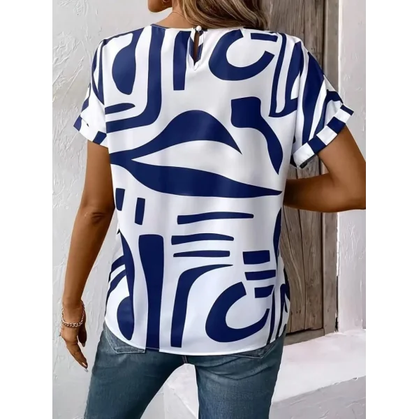 Kadın Kısa Kollu Yuvarlak Yaka Desenli Süprem Bluz
