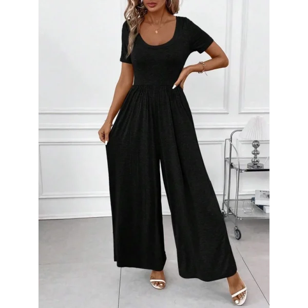 Kadın Kısa Kollu Yuvarlak Yaka Geniş Paçalı Bürümcük Tulum