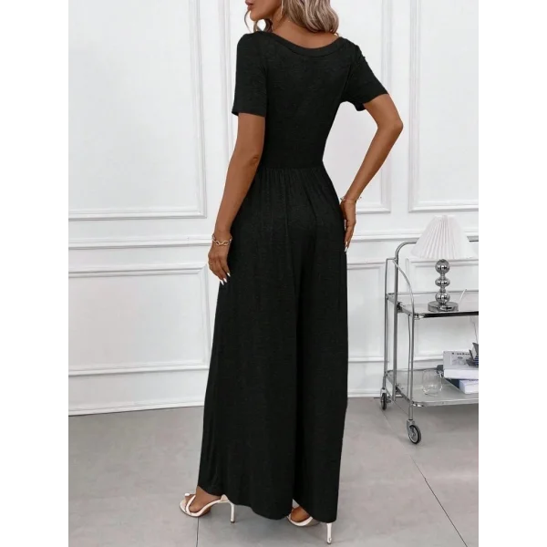 Kadın Kısa Kollu Yuvarlak Yaka Geniş Paçalı Bürümcük Tulum