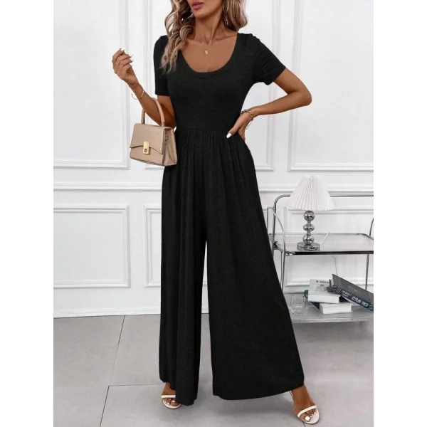 Kadın Kısa Kollu Yuvarlak Yaka Geniş Paçalı Bürümcük Tulum