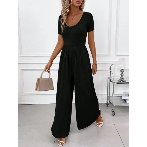 Kadın Kısa Kollu Yuvarlak Yaka Geniş Paçalı Bürümcük Tulum