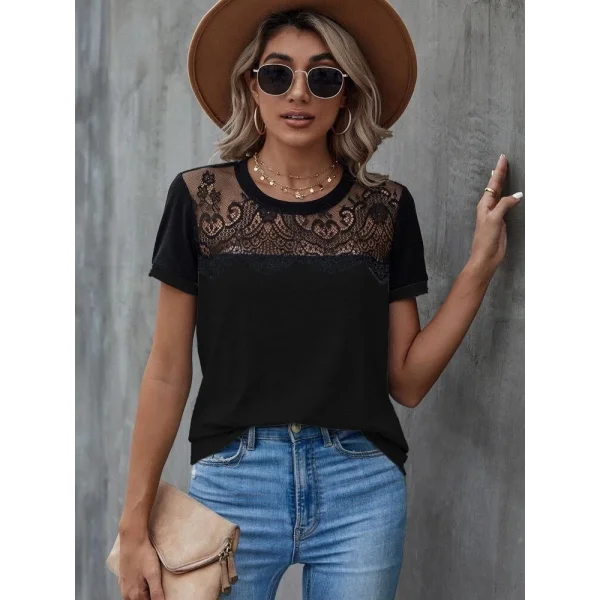 Kadın Kısa Kollu Yuvarlak Yaka ön Dantel Detaylı Viskon Bluz