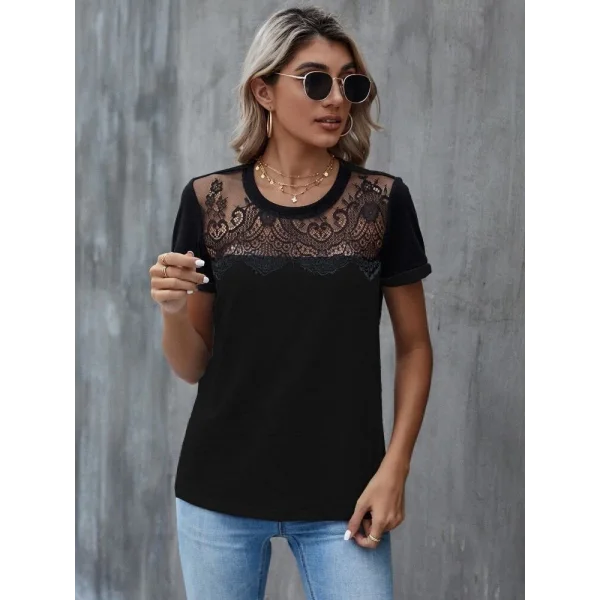 Kadın Kısa Kollu Yuvarlak Yaka ön Dantel Detaylı Viskon Bluz