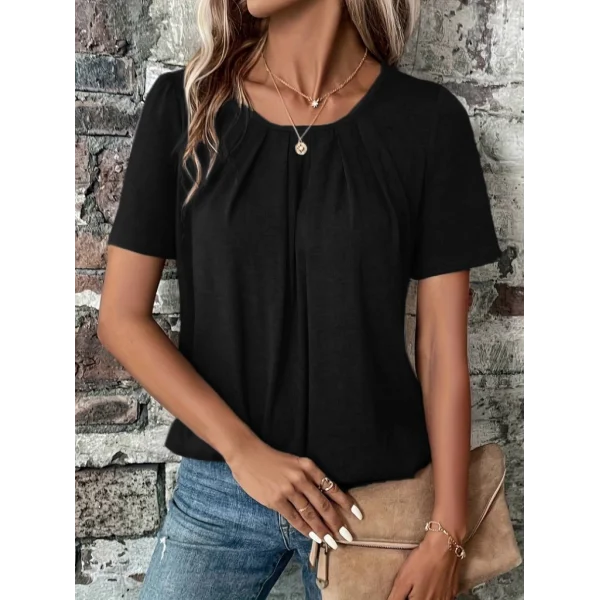 Kadın Kısa Kollu Yuvarlak Yaka önden Pileli Salaş Viskon Bluz