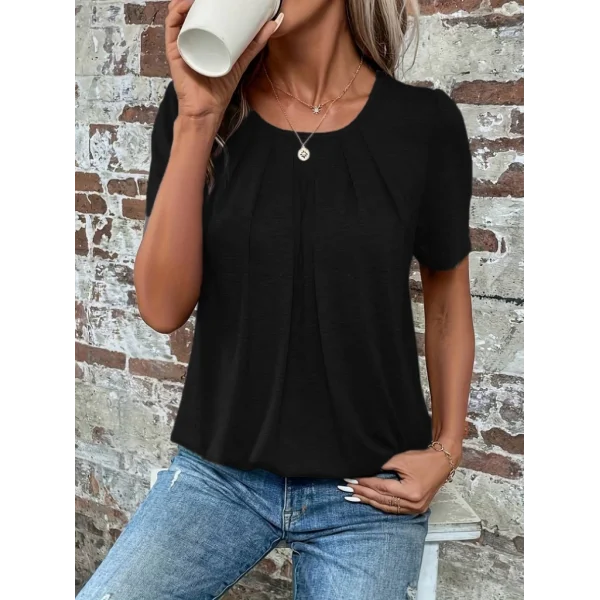 Kadın Kısa Kollu Yuvarlak Yaka önden Pileli Salaş Viskon Bluz