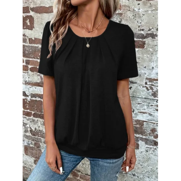 Kadın Kısa Kollu Yuvarlak Yaka önden Pileli Salaş Viskon Bluz