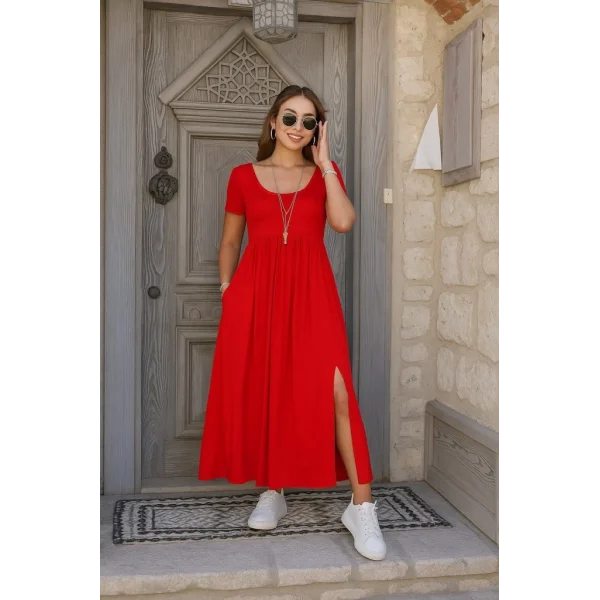 Kadın Kısa Kollu Yuvarlak Yaka önden Yırtmaçlı Cepli Viskon Uzun Elbise