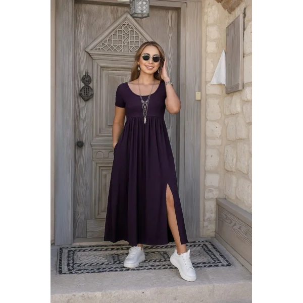 Kadın Kısa Kollu Yuvarlak Yaka önden Yırtmaçlı Cepli Viskon Uzun Elbise